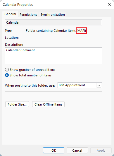 Image displays outlook meeting properties window with m a p i circled in red.