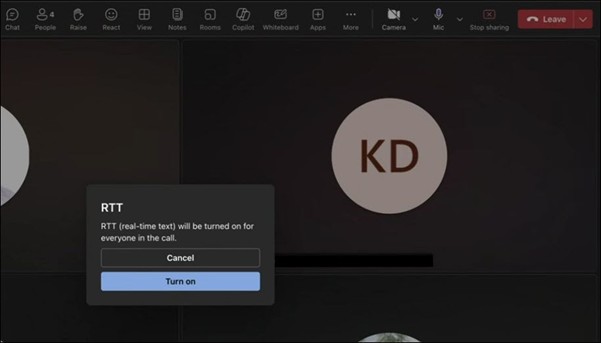 Teams meeting window with RTT panel at the bottom on the macOS.