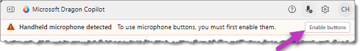 Image of the alert that appears in Dragon Copilot when a configurable microphone is detected on your workstation.