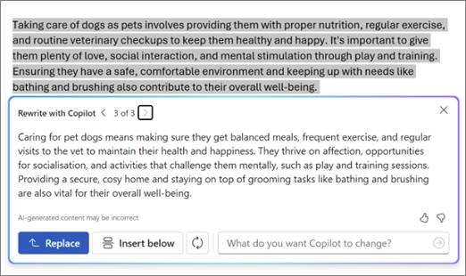 Screenshot of Copilot in Word with rewrite text suggestions and options