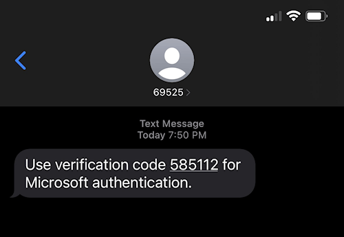 Screenshot showing a SMS text message from Microsoft numbered 69525