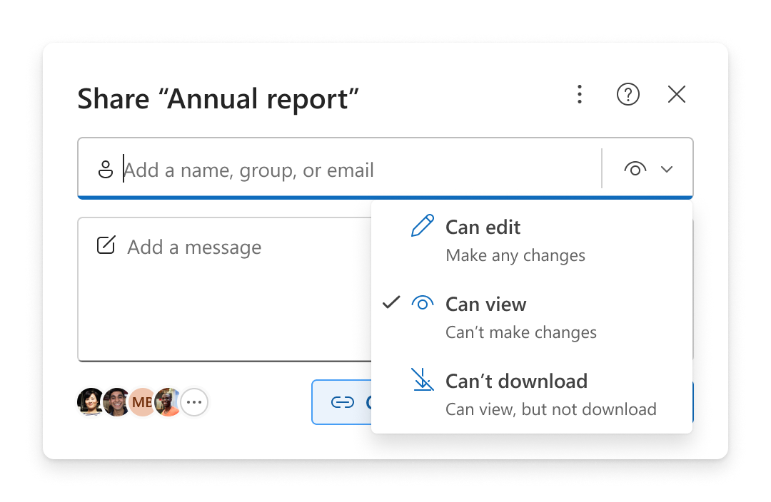 Menu with permission options in the sharing experience