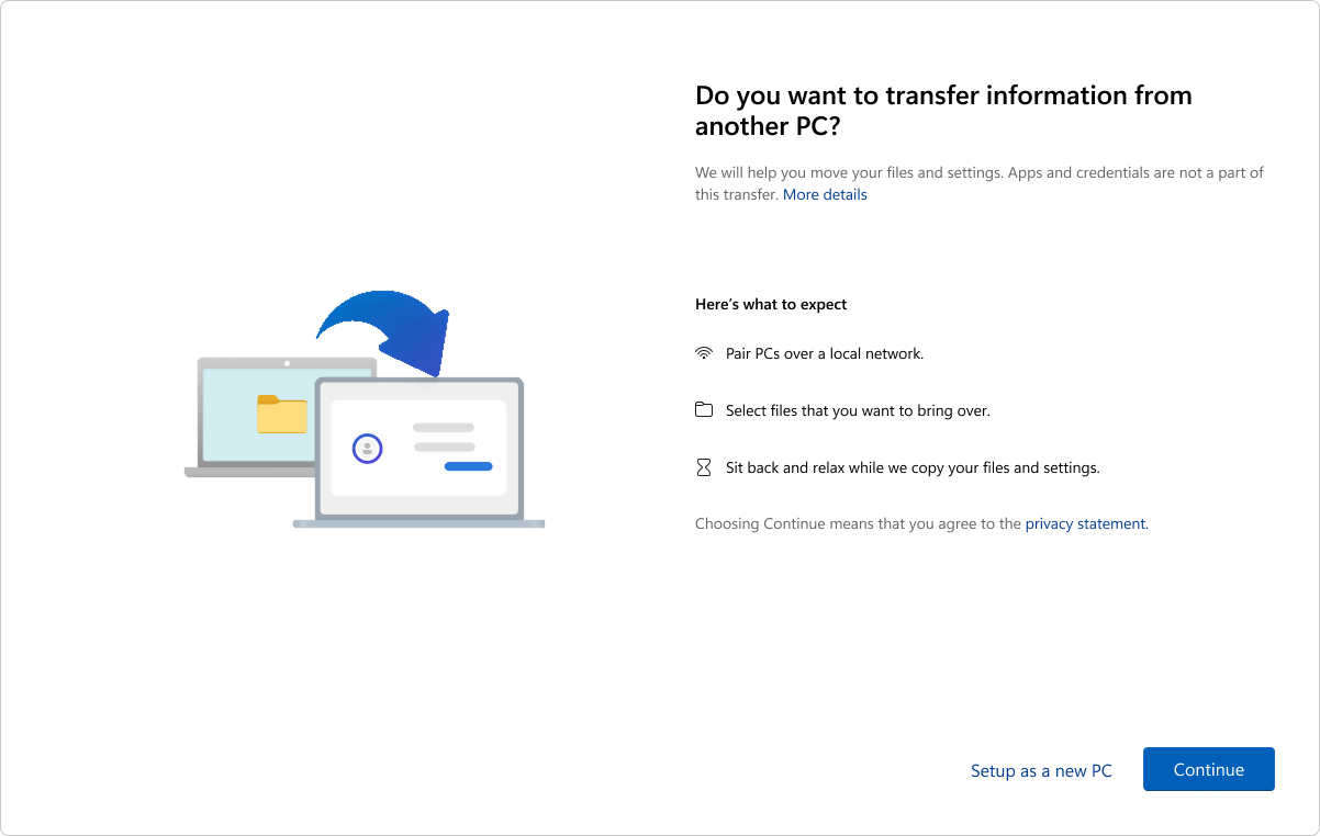 Screenshot of the OOBE page showing the PC to PC transfer option.