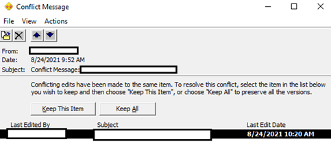 Conflicting edits have been made to the same items.