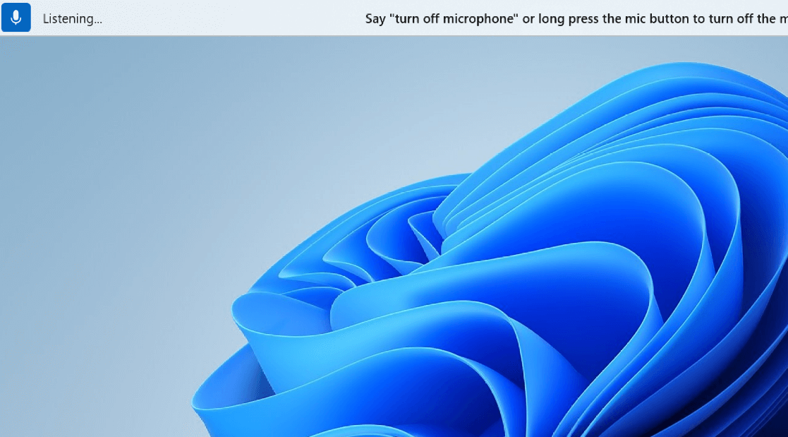 The voice access UI shows the microphone in “Listening…” state, with the microphone button highlighted.