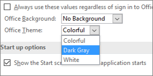 Office Theme pull down menu, Colorful, Dark Gray, and White theme options