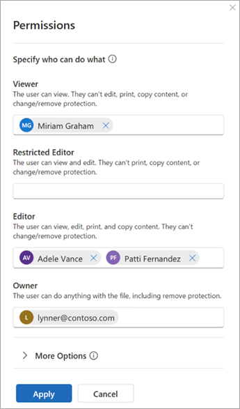 Screenshot of a dialog box titled 'Permissions' with options to add users as viewers, restricted editors, editors, and owners.