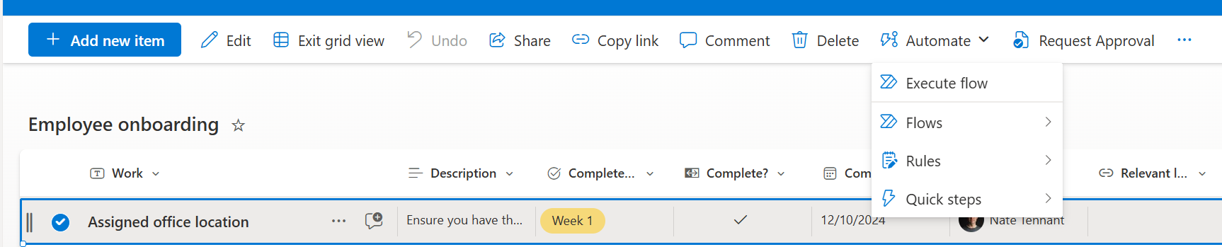 Selected item with option to run a quick step