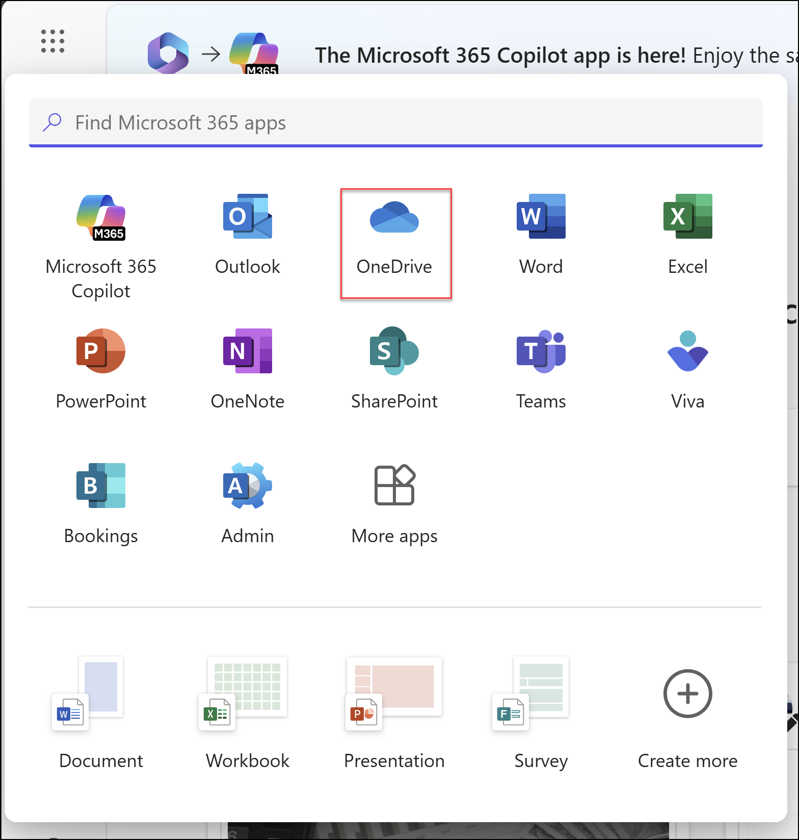 A browser window with the app launcher open and the OneDrive app highlighted