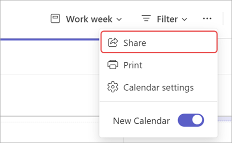 Screenshot highlighting the "Share" option in a Teams calendar.