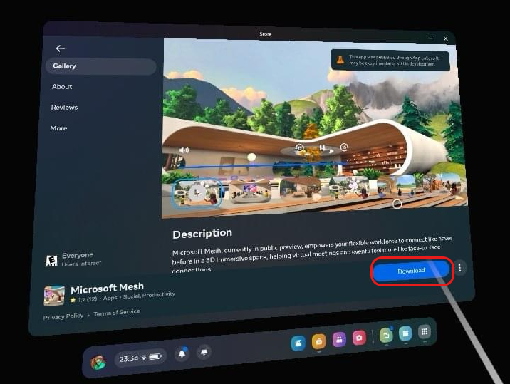 The details page of Mesh app on Quest