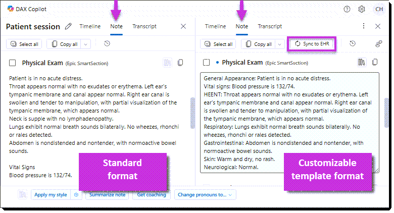 Split view of Note tab for a physical exam