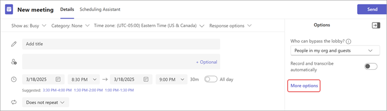 Screenshot showing More options highlighted when scheduling a meeting in Teams.